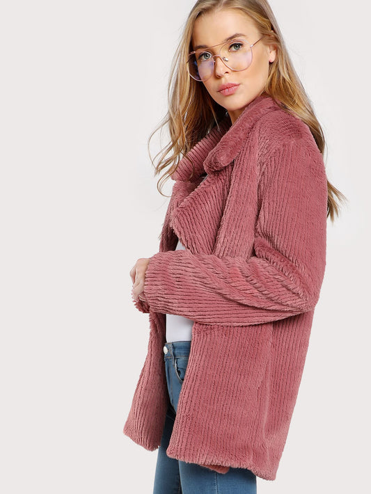 Dusty Rose Jacket Casual Ribbed Faux Fur Coat with Collar