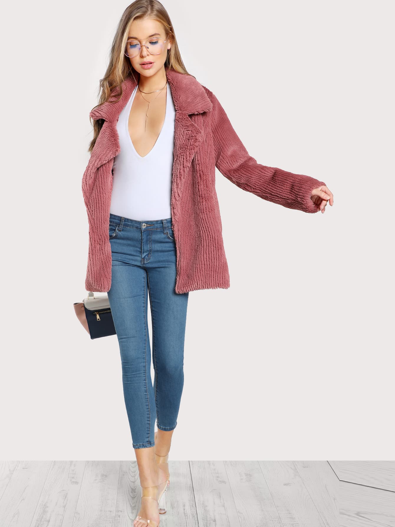 Dusty Rose Jacket Casual Ribbed Faux Fur Coat with Collar