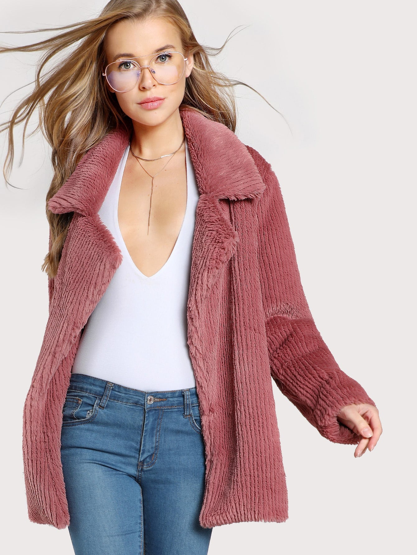 Dusty Rose Jacket Casual Ribbed Faux Fur Coat with Collar