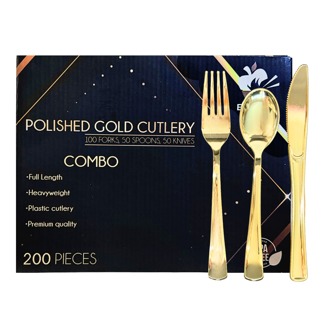 Premium Gold Plastic Silverware Set, Heavy-Duty Disposable Flatware – BPA Free Forks, Knives & Spoons for Parties & Events