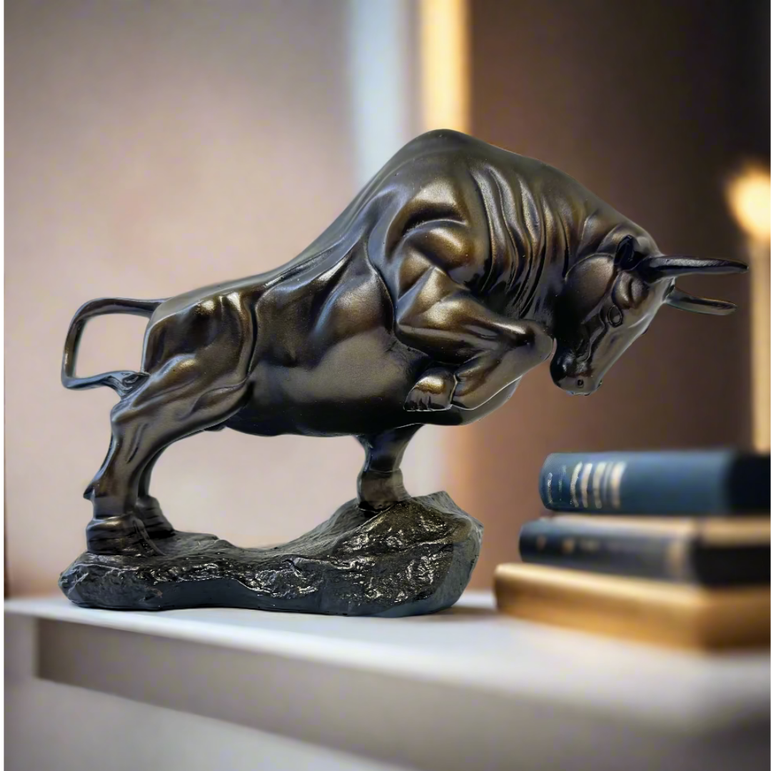 Charging Bull Statue – 9” Bronze Finish Figurine for Wealth, Strength & Success – Office Desk, Home Decor, Stock Market Gift