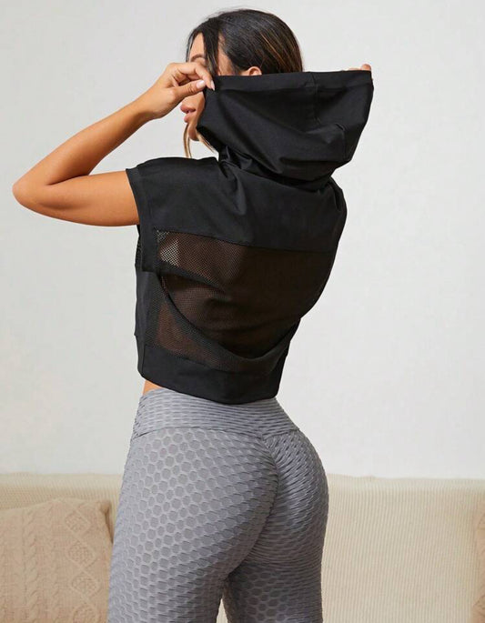 Black Sport Sweatshirt with Hood, Bat Sleeve, and Breathable Net Inserts