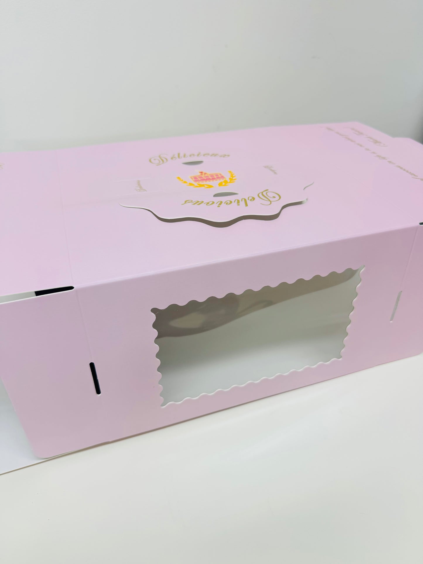 Pink Sturdy Cake Box with Clear Window and Carrying Handles on top, Golden quotes