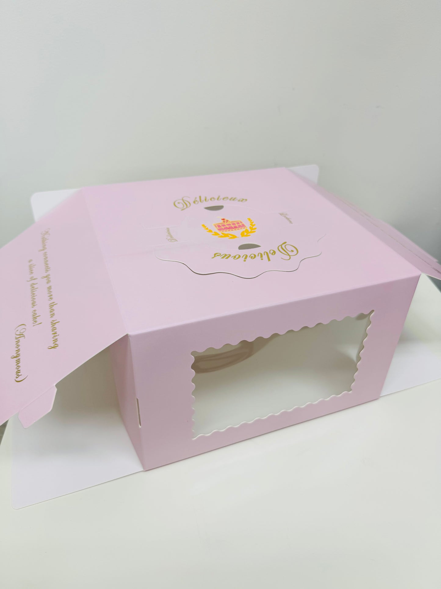 Pink Sturdy Cake Box with Clear Window and Carrying Handles on top, Golden quotes