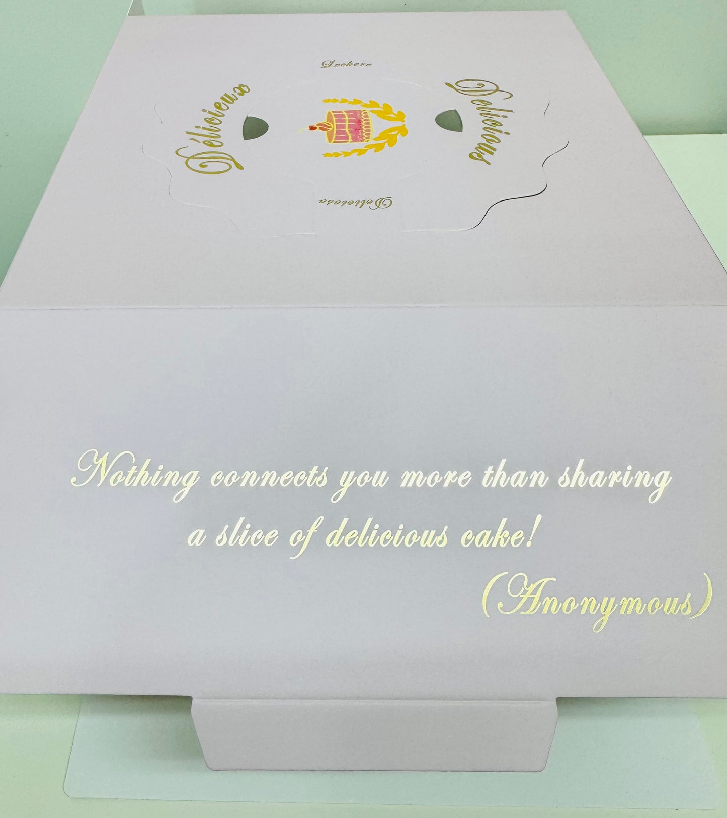 Pink Sturdy Cake Box with Clear Window and Carrying Handles on top, Golden quotes