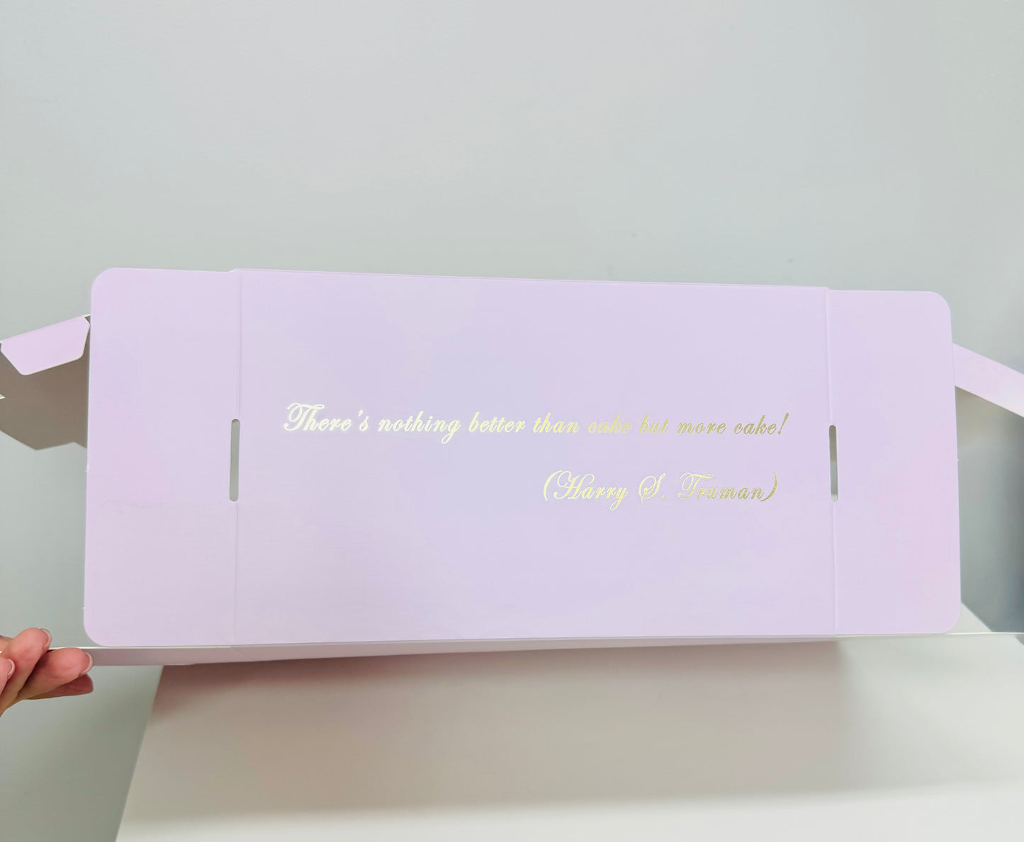 Pink Sturdy Cake Box with Clear Window and Carrying Handles on top, Golden quotes