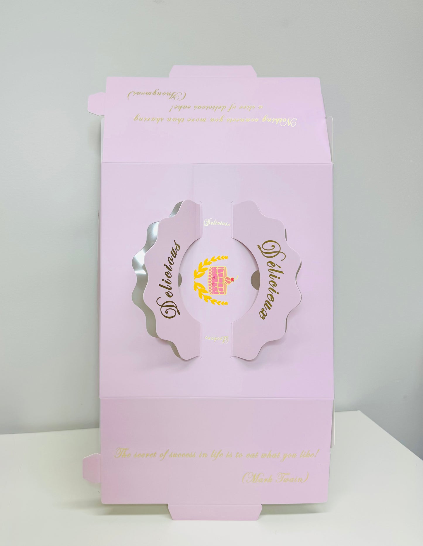 Pink Sturdy Cake Box with Clear Window and Carrying Handles on top, Golden quotes