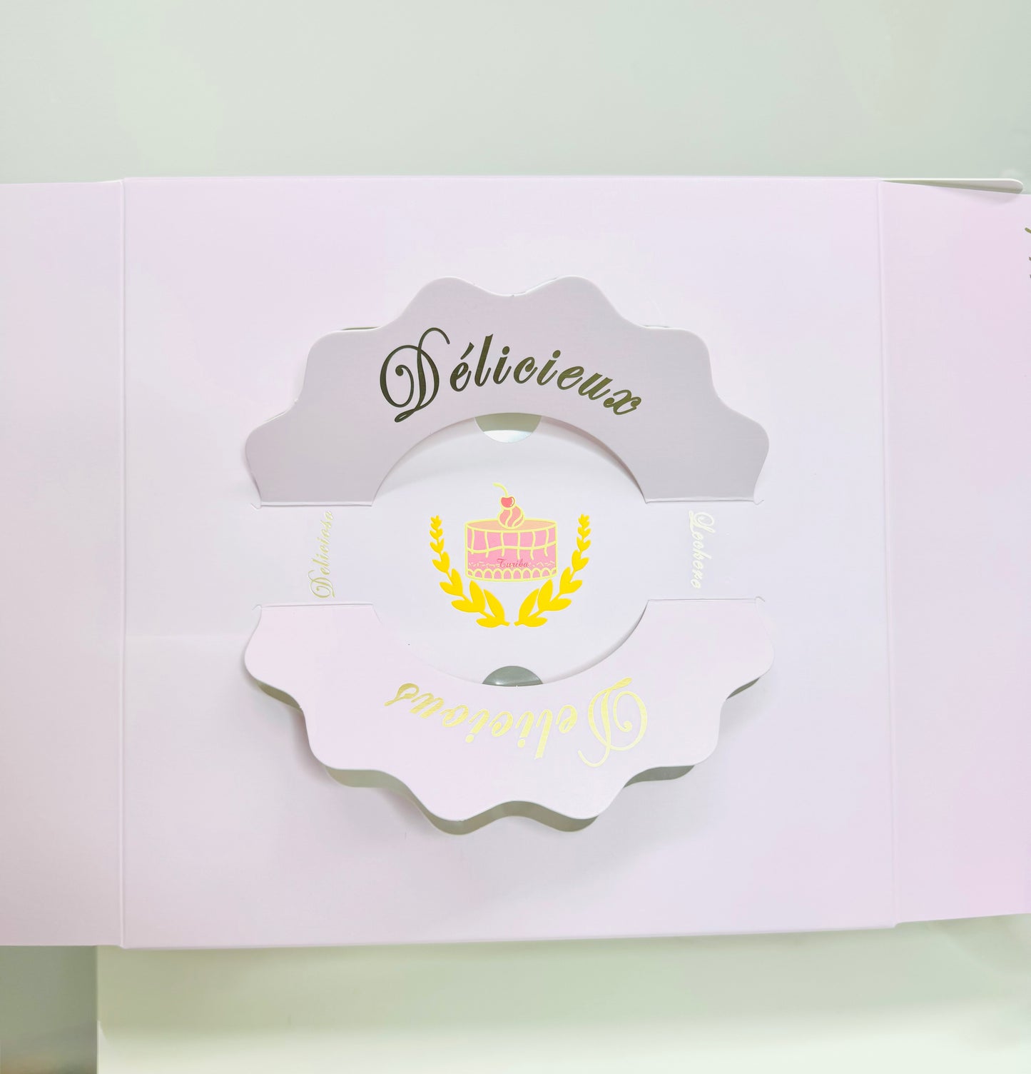 Pink Sturdy Cake Box with Clear Window and Carrying Handles on top, Golden quotes