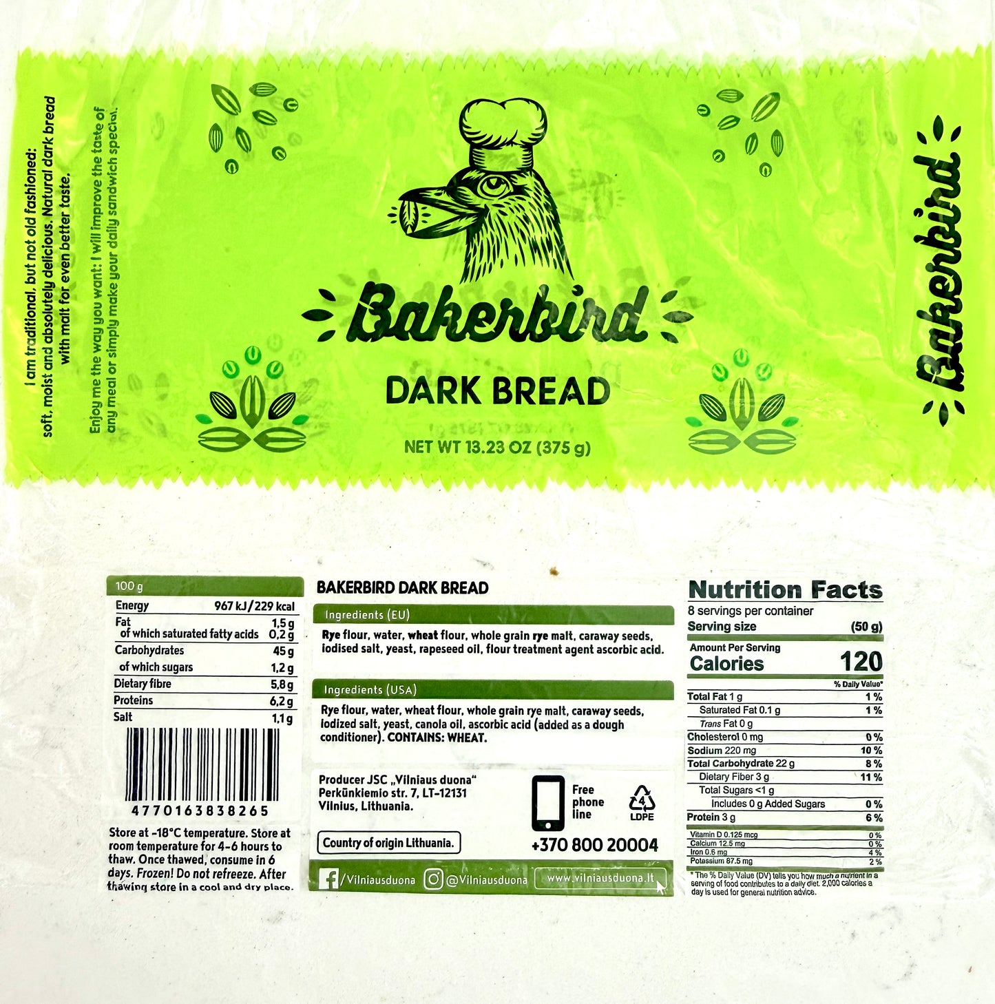Bakerbird European Rye Bread Variety Set, Light Bread & Dark Bread, Lithuanian Style, Soft & Moist, Rye Malt & Caraway Seeds, 13.23 oz Each