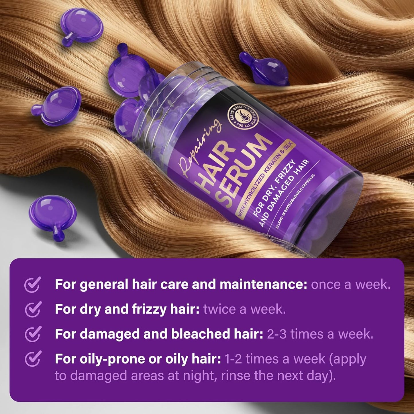Hair Vitamins Oil Capsules for Frizzy & Damaged Hair, Keratin Treatment with Argan, Silk Protein, Jojoba, Coconut & Avocado Oils, Vitamins A, E, B5