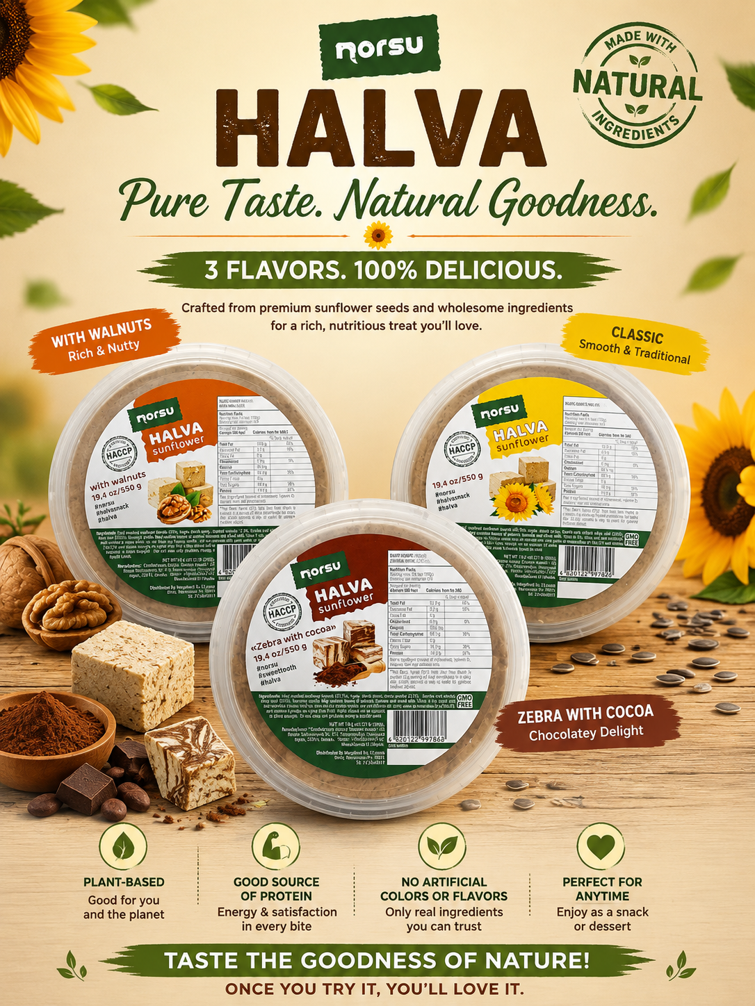 NORSU Sunflower Halva with Walnuts, Traditional Halvah Sweet Dessert with Nuts, 19.4 oz (550g)