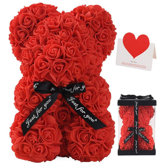 Rose Bear Teddy Made of Artificial Roses, 10 Inch Flower Bear Gift with Transparent Gift Box, Romantic Décor for Valentine’s Day, Wedding, Anniversary, Mother’s Day
