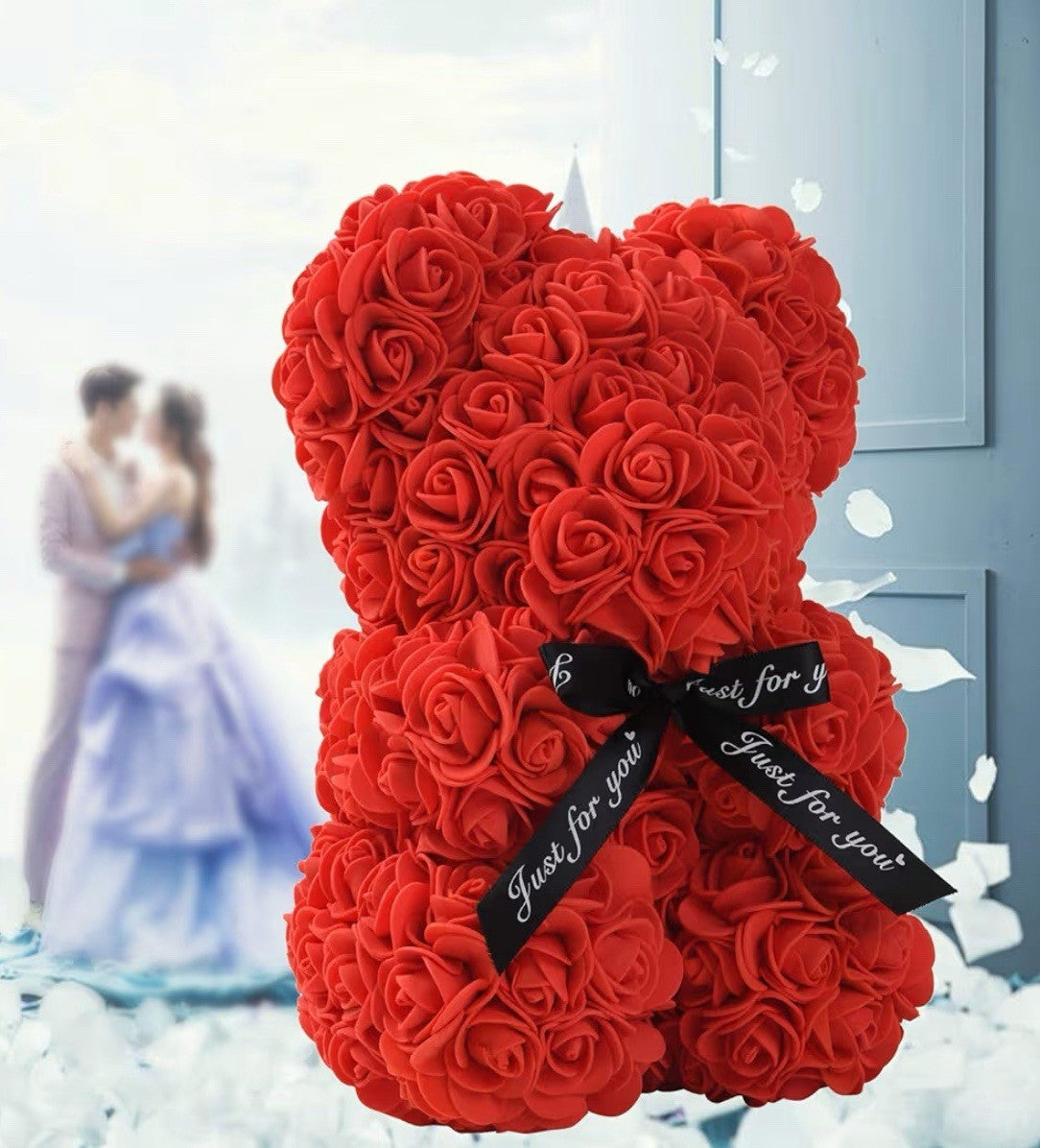 Rose Bear Teddy Made of Artificial Roses, 10 Inch Flower Bear Gift with Transparent Gift Box, Romantic Décor for Valentine’s Day, Wedding, Anniversary, Mother’s Day