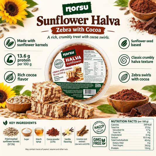 NORSU Sunflower Halva Zebra with Cocoa 550g (19.4 oz) – Traditional Sunflower Seed Halva with Cocoa, Chocolate Flavor, Eastern European Sweet Confection