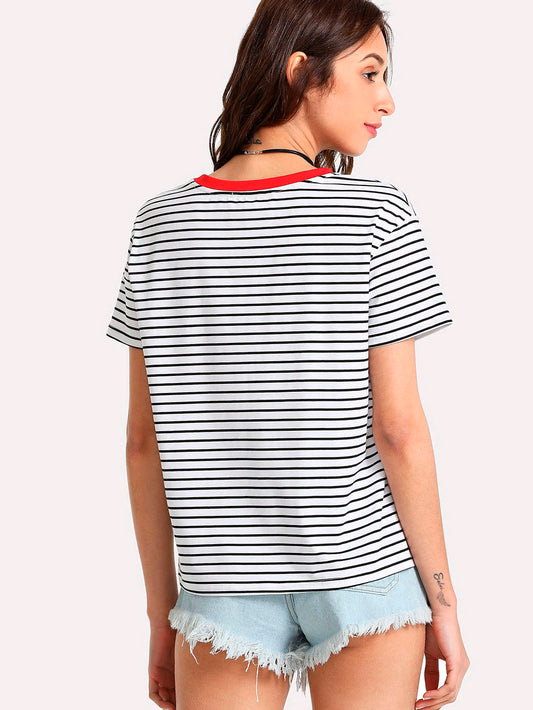 Black and White Striped Tee Red Collar with funny Glass Embroidery