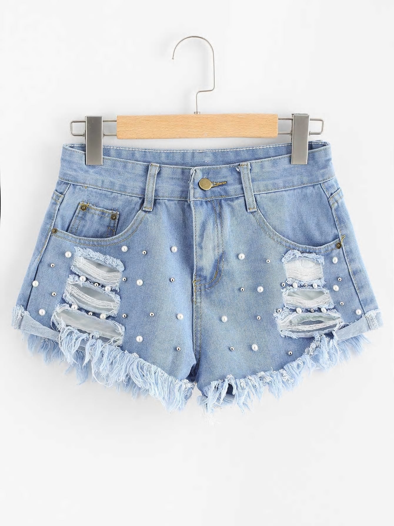 Trendy Light Blue Ripped Denim Shorts with Pearl Embellishments – Casual Jean Shorts for Women
