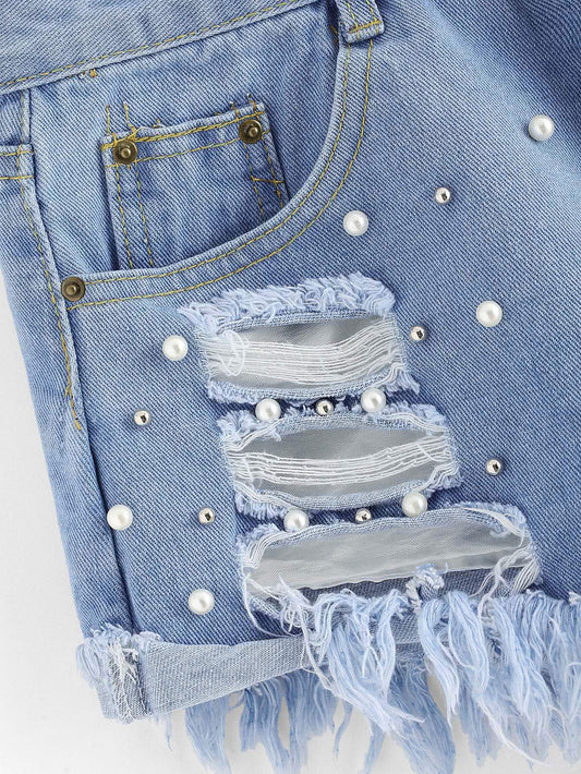 Trendy Light Blue Ripped Denim Shorts with Pearl Embellishments – Casual Jean Shorts for Women