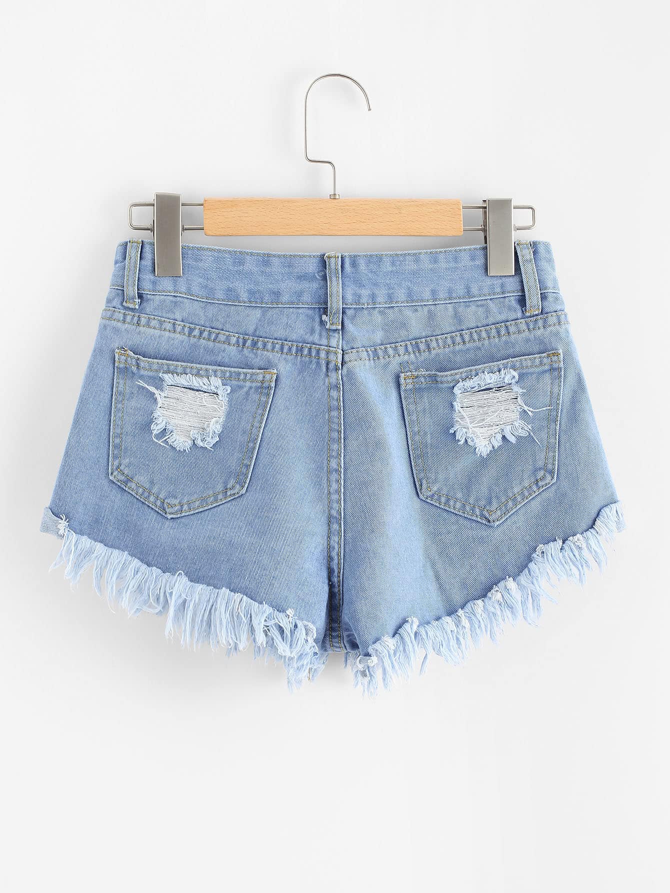 Trendy Light Blue Ripped Denim Shorts with Pearl Embellishments – Casual Jean Shorts for Women