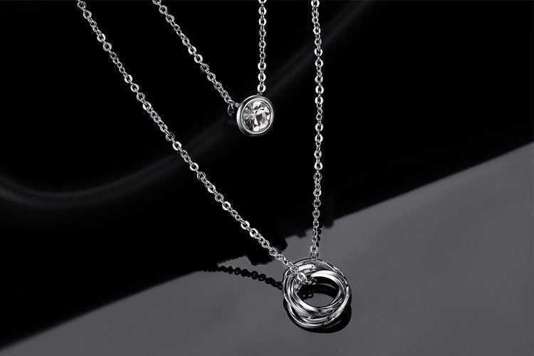 High Quality Double Layered Link Chain with Round Crystal Pendant