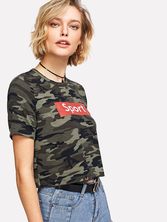 Navy Green Croped Graphic T-shirt