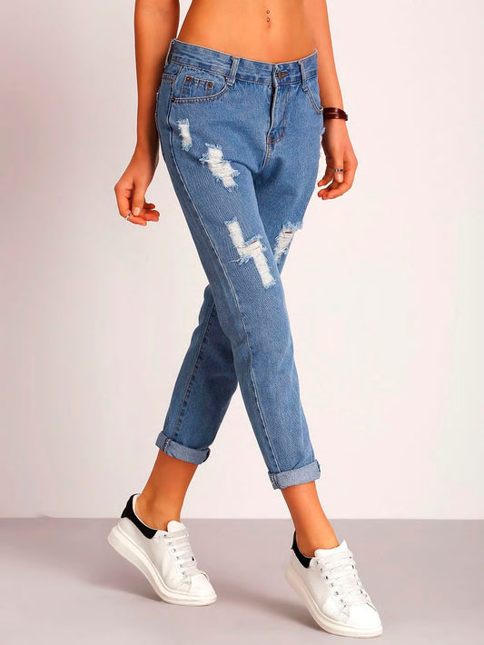 Mid-Rise Boyfriend Style Ripped Jeans