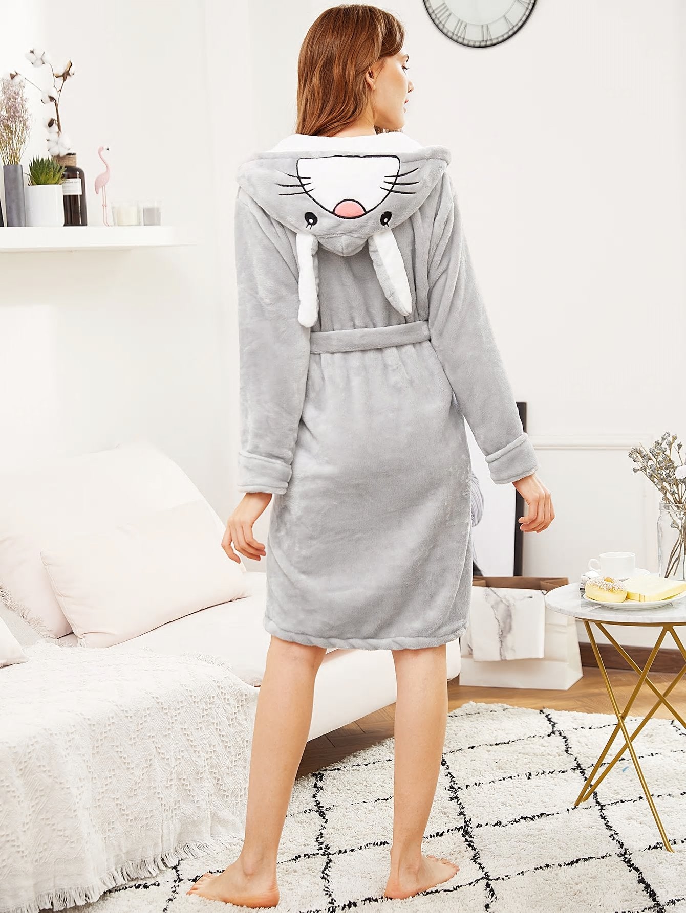Cozy Grey Funny Bunny Ears Hoodie Robe: Cute & Comfortable Cuddle Wear with a belt