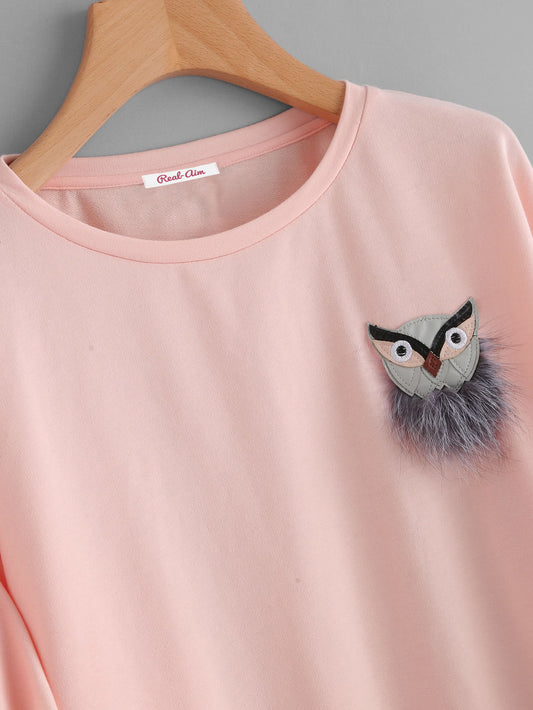 Pink Sweatshirt with Faux Fur Owl Decoration