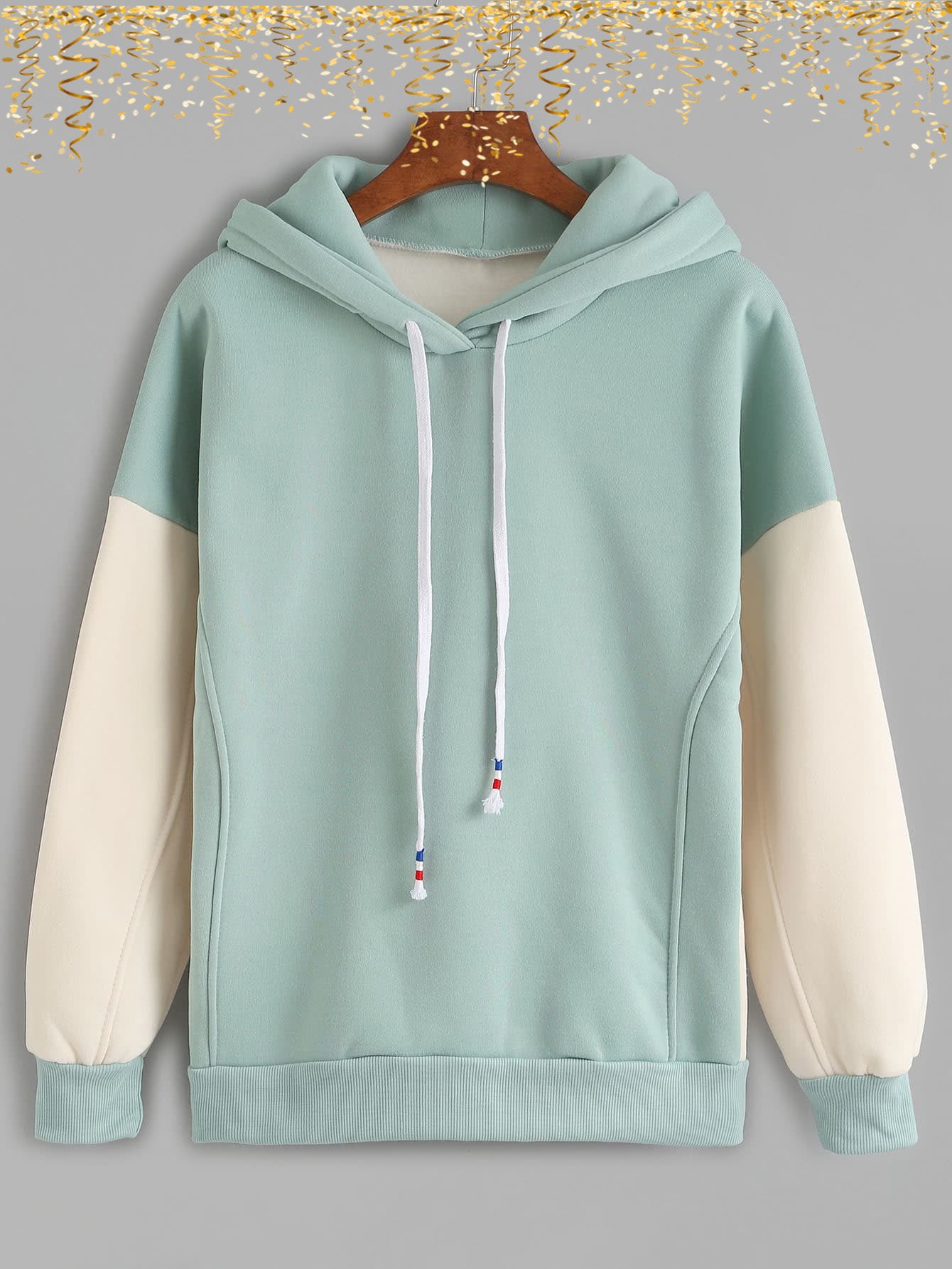 Warm Mint and White Contrast Fleece Hoodie