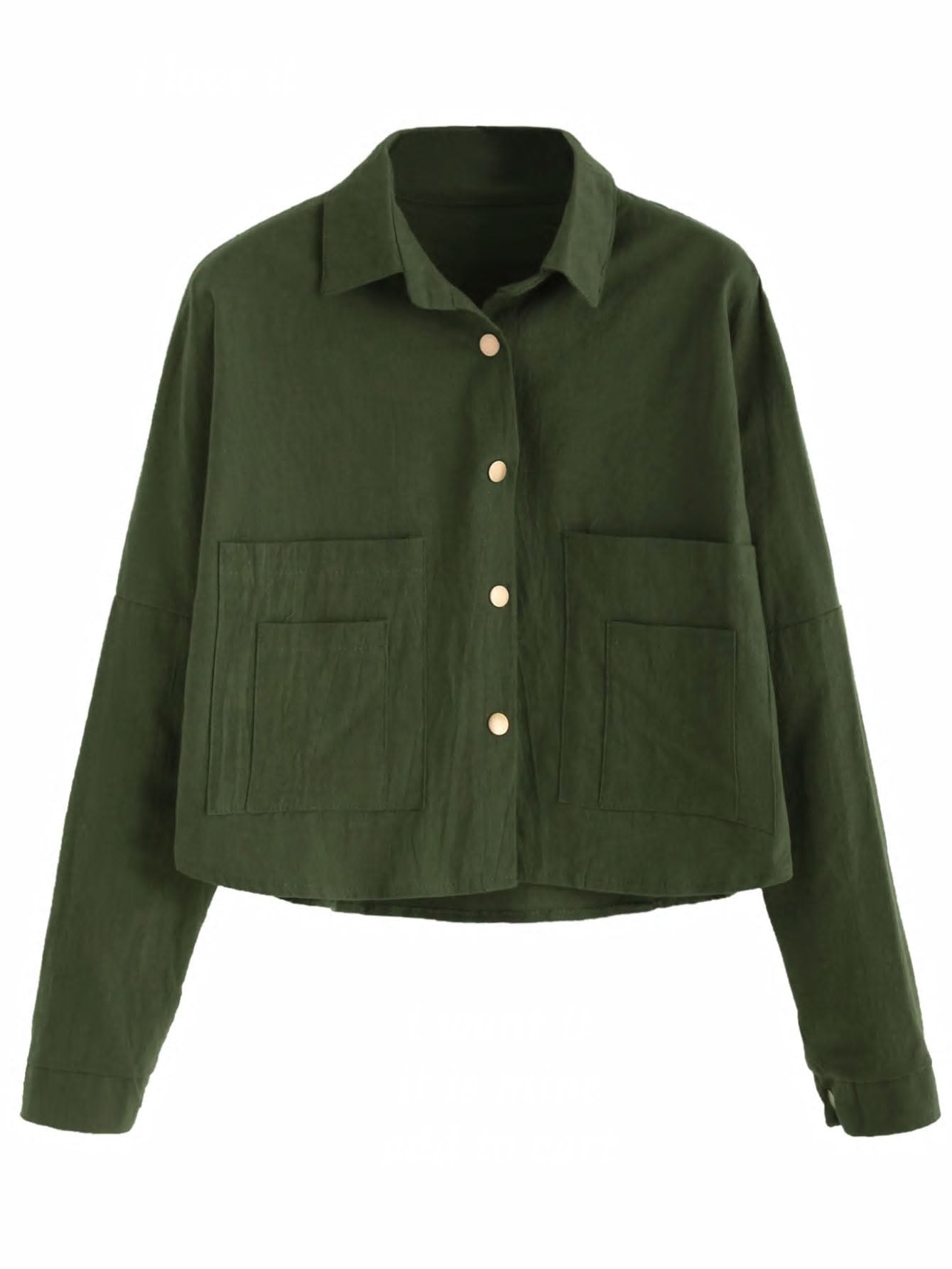Green Shirt with Double Patch Pockets and Golden Buttons