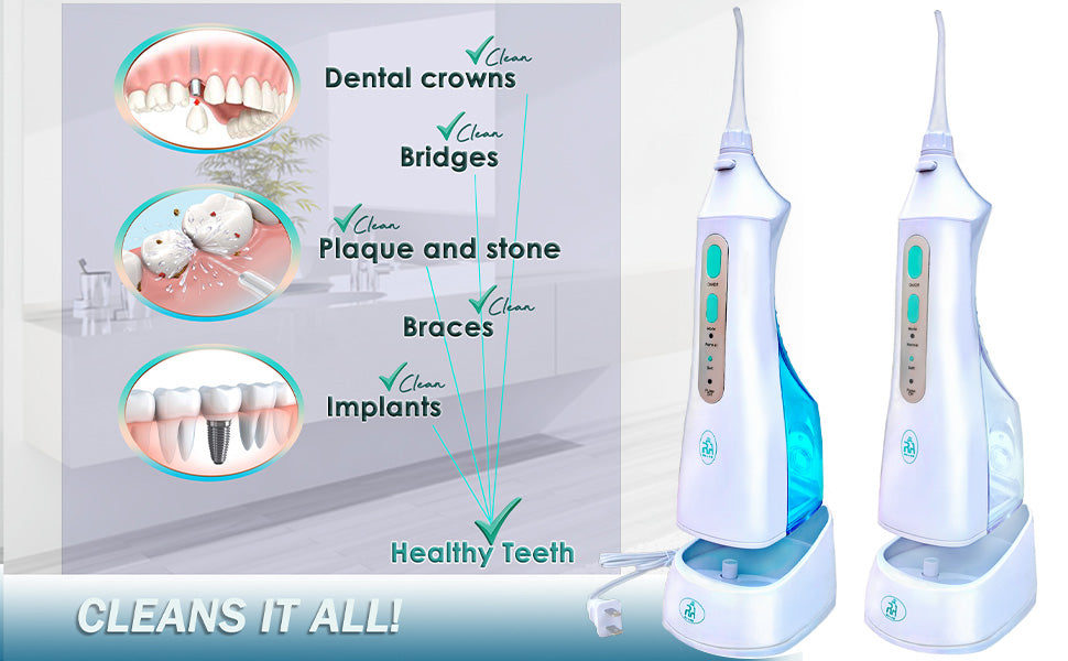 Dental oral irrigator in two colors cleans braces, crowns, implants, plaque and stone