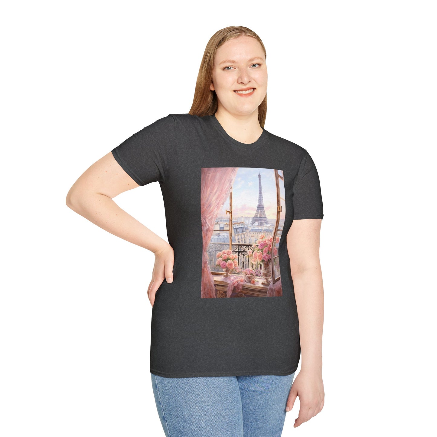 Paris Balcony Floral T-Shirt — Eiffel Tower Morning View