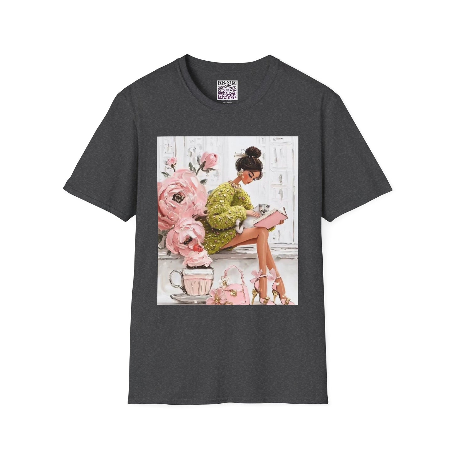 Cute Girl in Green Coat T-Shirt — Pink Roses & Cat Graphic