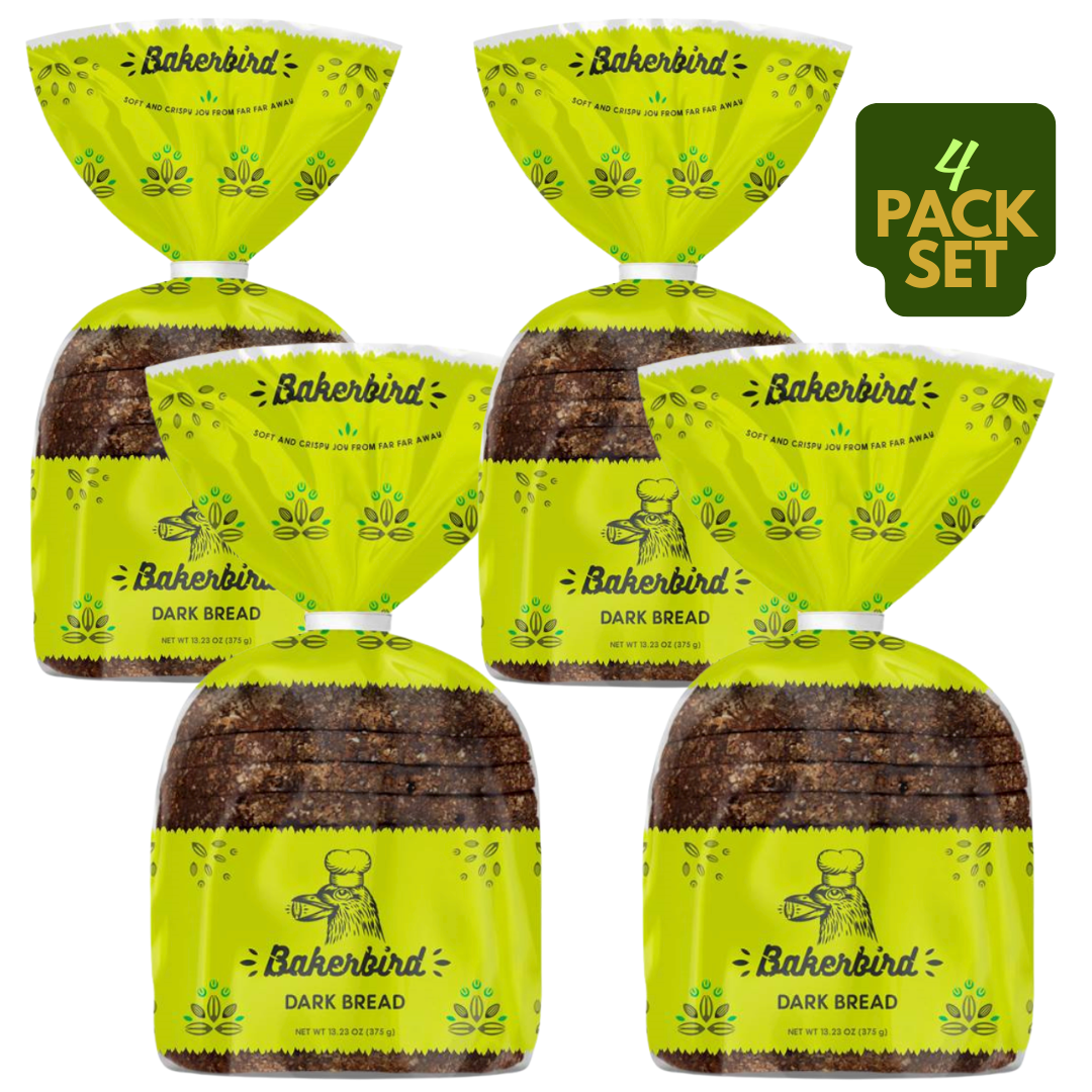 Bakerbird Dark Bread, European Rye Bread with Whole Grain Rye Malt & Caraway Seeds, 13.23 oz (375 g), 4 Pack