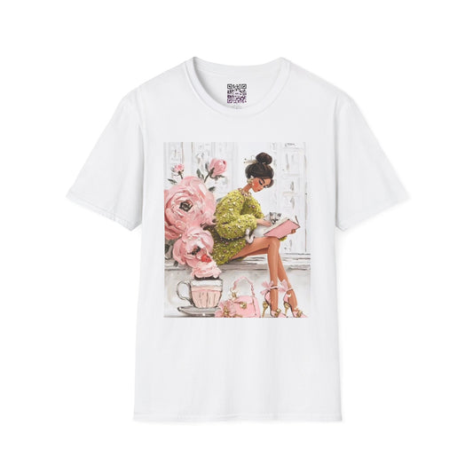 Cute Girl in Green Coat T-Shirt — Pink Roses & Cat Graphic