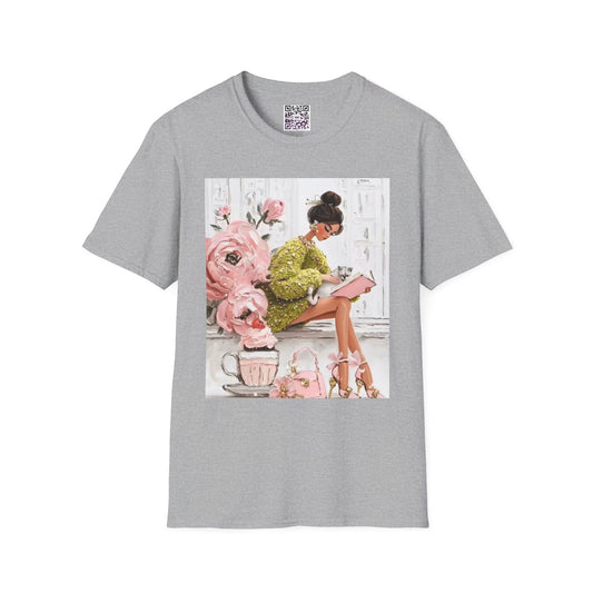 Cute Girl in Green Coat T-Shirt — Pink Roses & Cat Graphic