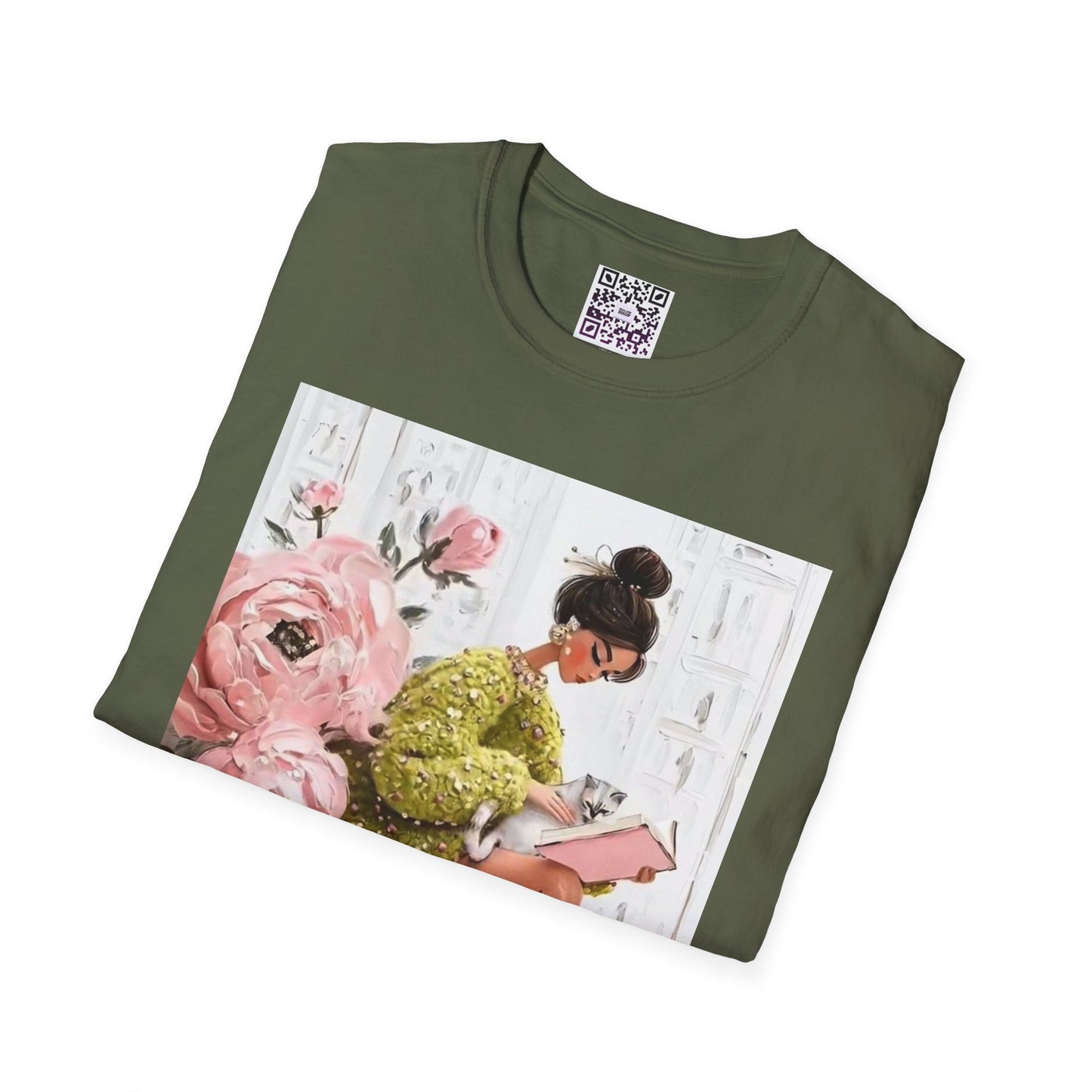 Cute Girl in Green Coat T-Shirt — Pink Roses & Cat Graphic