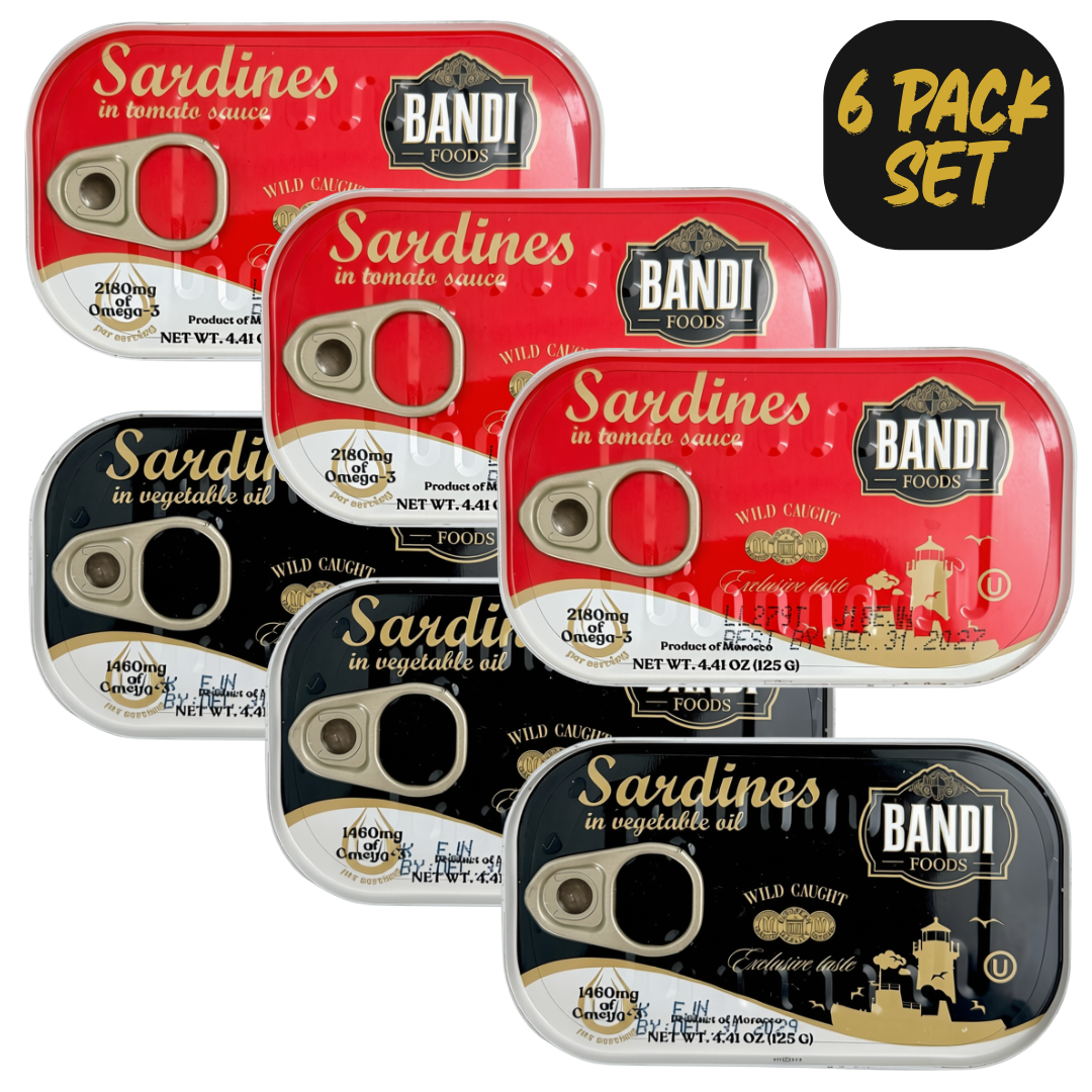 Bandi Foods Wild Caught Sardines Variety Pack, Tomato Sauce and Vegetable Oil, 4.41 oz Each, 6 Pack
