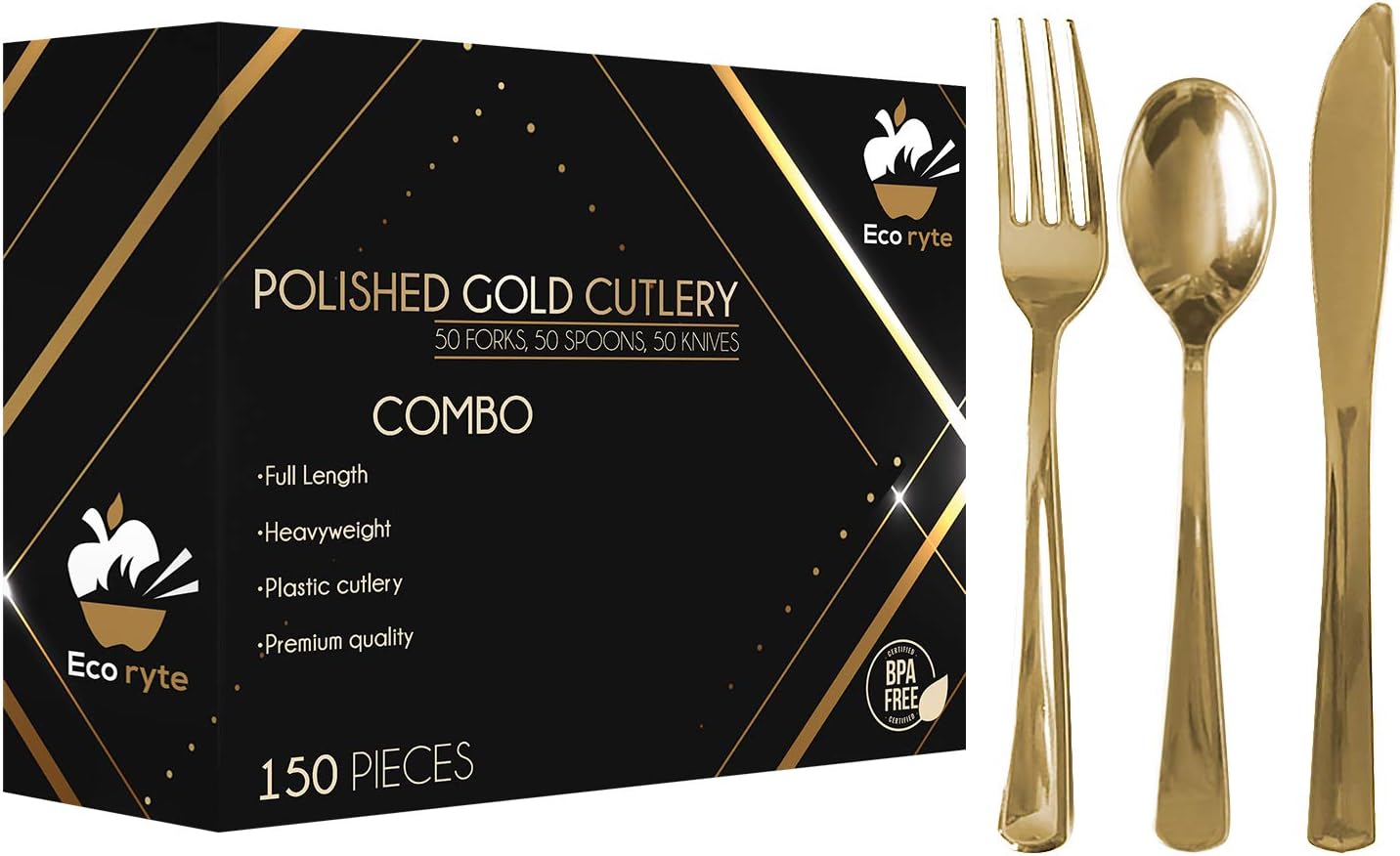 Premium Gold Plastic Silverware Set, Heavy-Duty Disposable Flatware – BPA Free Forks, Knives & Spoons for Parties & Events