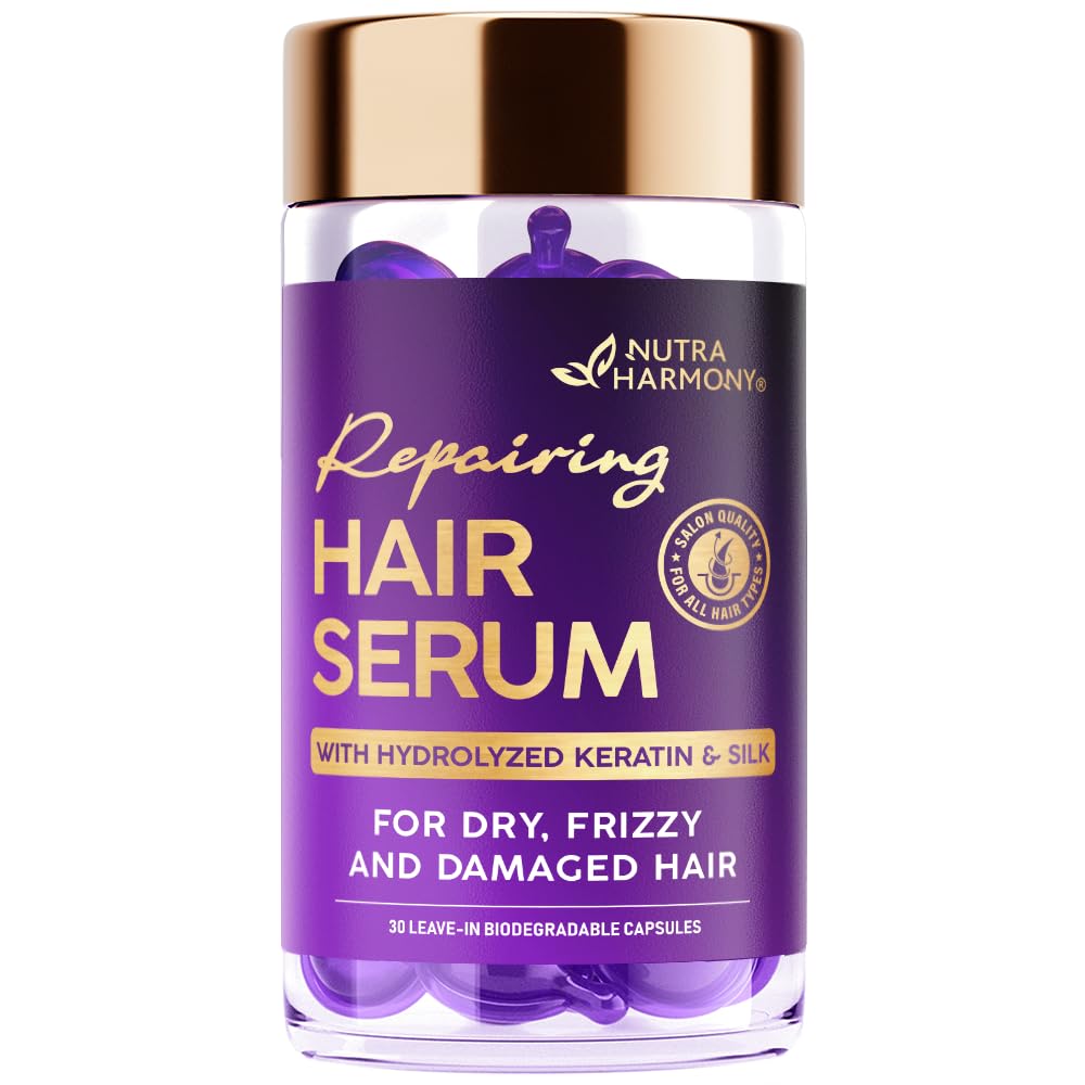 Hair Vitamins Oil Capsules for Frizzy & Damaged Hair, Keratin Treatment with Argan, Silk Protein, Jojoba, Coconut & Avocado Oils, Vitamins A, E, B5