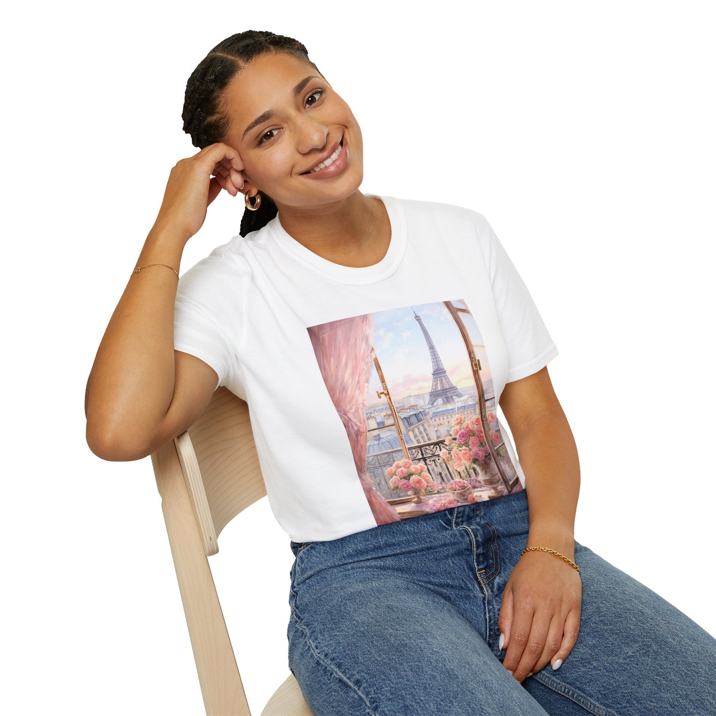 Paris Balcony Floral T-Shirt — Eiffel Tower Morning View