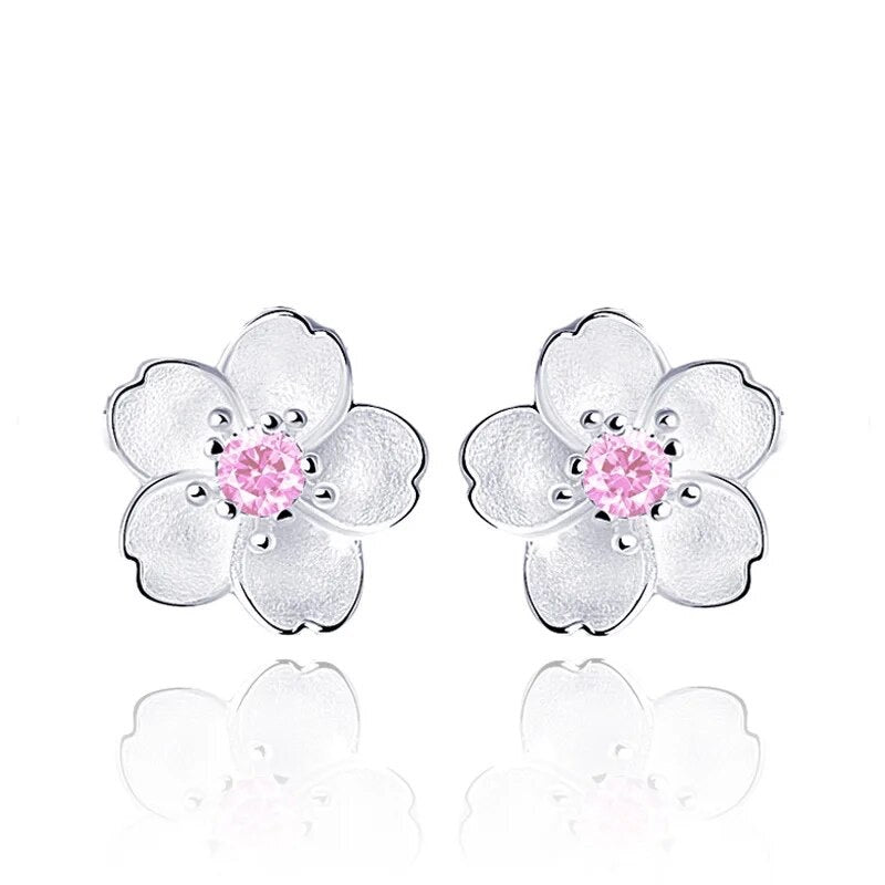 925 Silver Jewelry Sterling Silver Earrings Cherry Blossom Inlaid Pink Zircon Ear Studs for Women and Girls