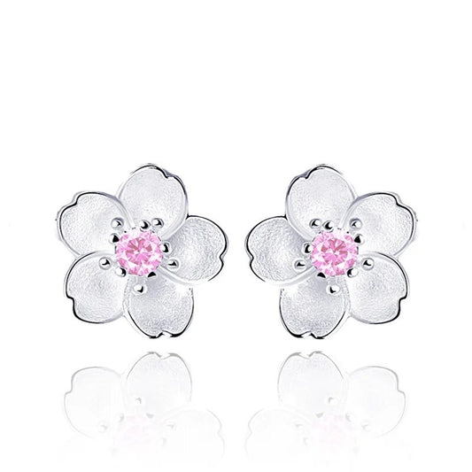 925 Silver Jewelry Sterling Silver Earrings Cherry Blossom Inlaid Pink Zircon Ear Studs for Women and Girls