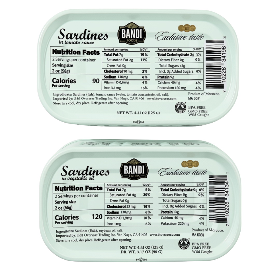 Bandi Foods Wild Caught Sardines Variety Pack, Tomato Sauce and Vegetable Oil, 4.41 oz Each, 6 Pack