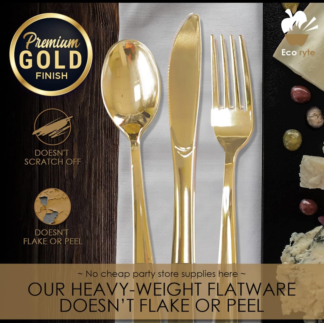 Premium Gold Plastic Silverware Set, Heavy-Duty Disposable Flatware – BPA Free Forks, Knives & Spoons for Parties & Events