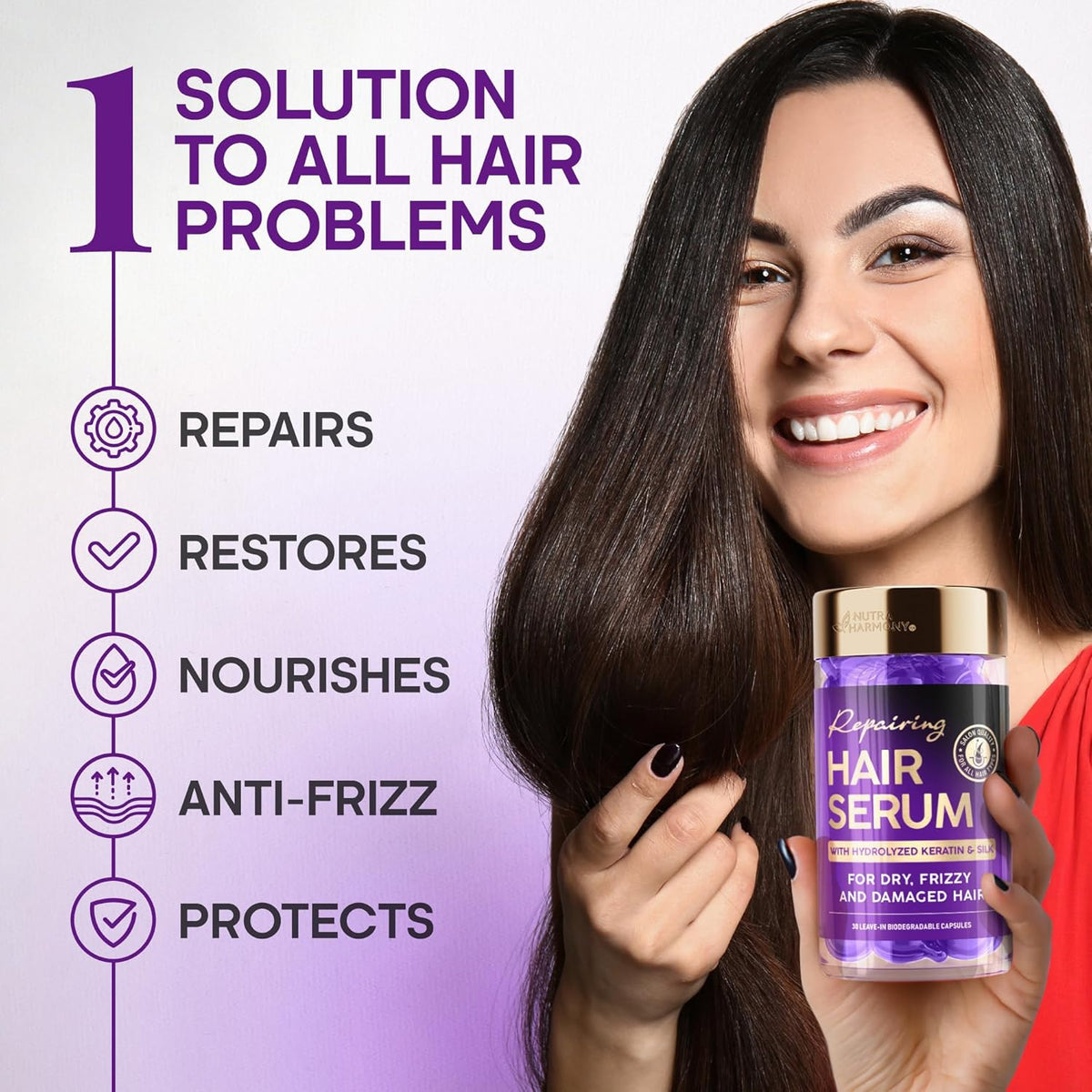 Hair Vitamins Oil Capsules for Frizzy & Damaged Hair, Keratin Treatment with Argan, Silk Protein, Jojoba, Coconut & Avocado Oils, Vitamins A, E, B5