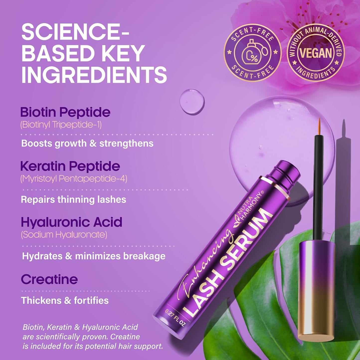 Lash Serum for Eyelash Growth Pro Treatment with Keratin, Biotin & Peptides, Hyaluronic Acid, Creatine & Castor Oil