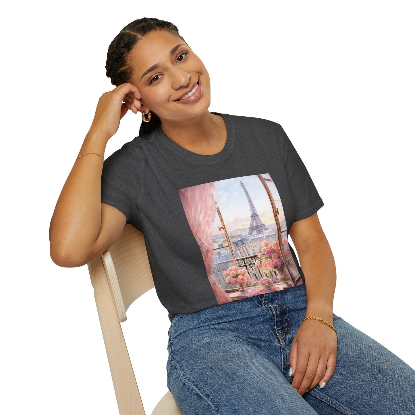 Paris Balcony Floral T-Shirt — Eiffel Tower Morning View