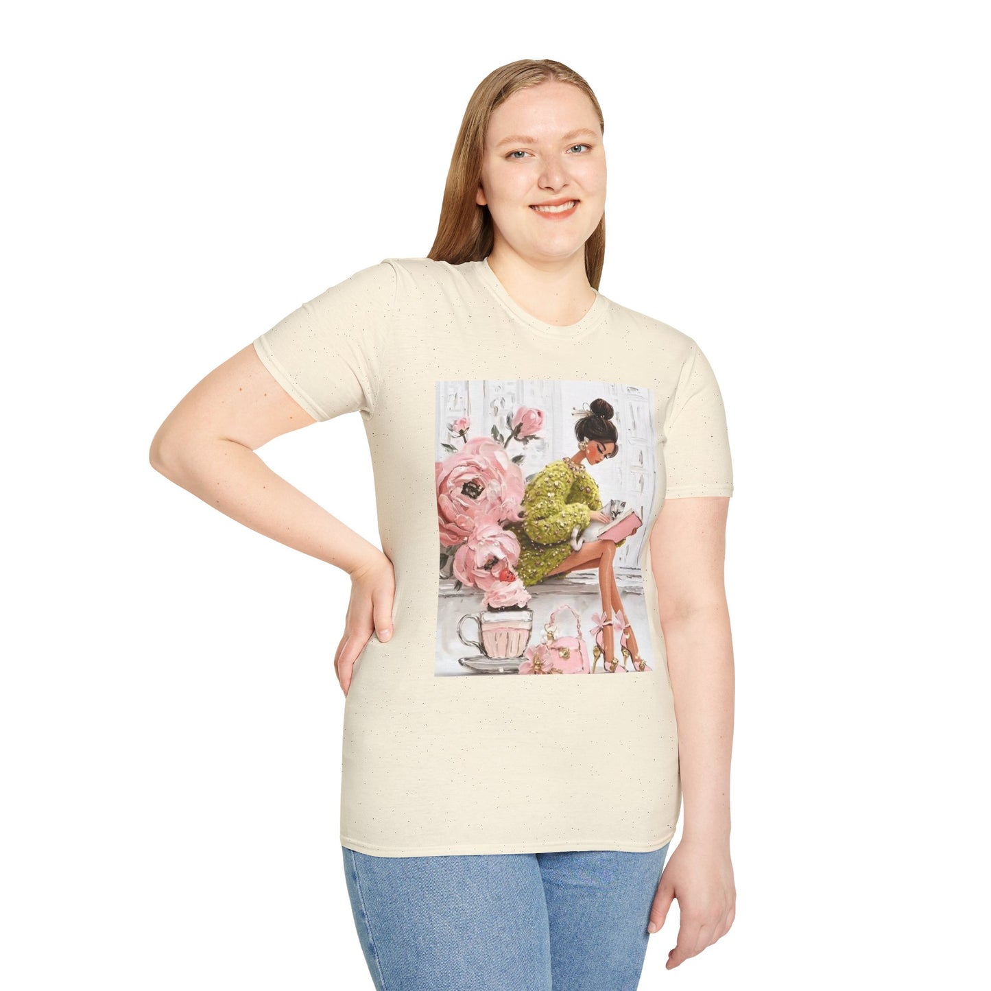 Cute Girl in Green Coat T-Shirt — Pink Roses & Cat Graphic