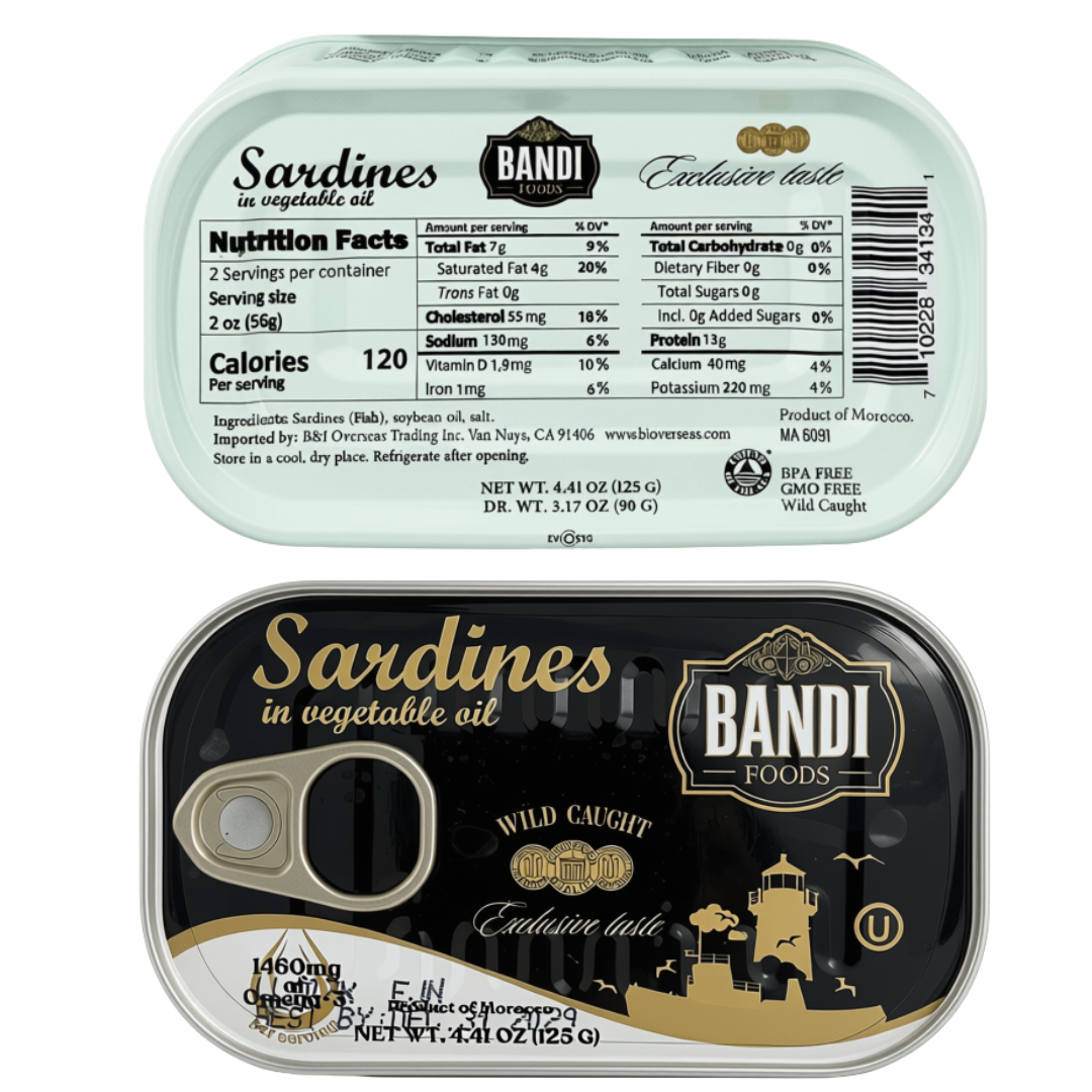 Bandi Foods Wild Caught Sardines Variety Pack, Tomato Sauce and Vegetable Oil, 4.41 oz Each, 6 Pack