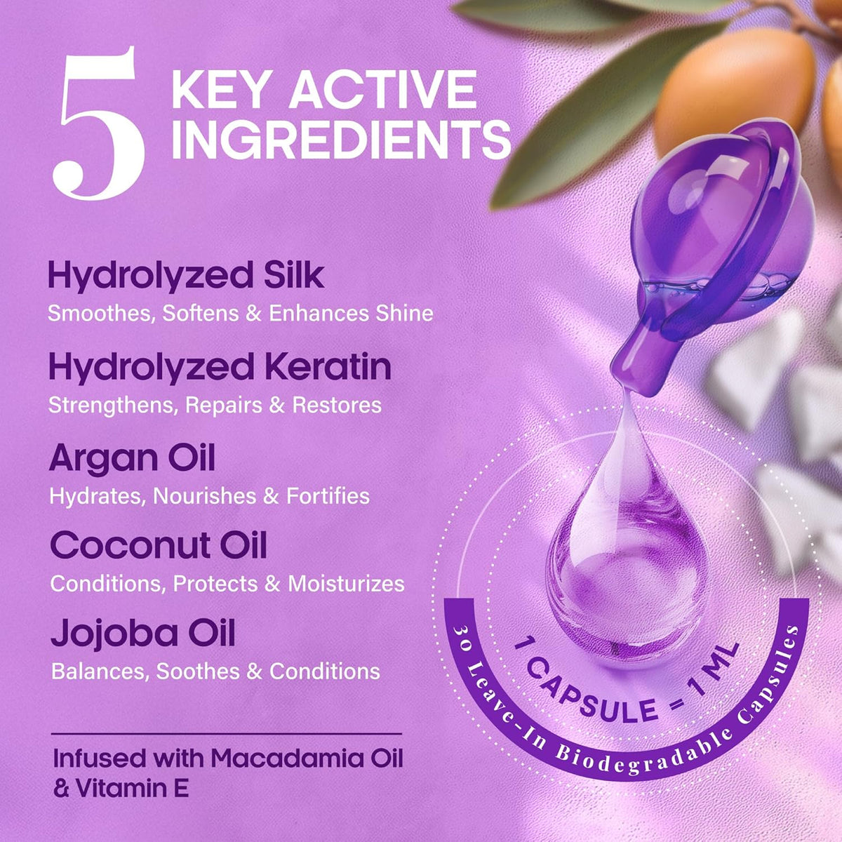 Hair Vitamins Oil Capsules for Frizzy & Damaged Hair, Keratin Treatment with Argan, Silk Protein, Jojoba, Coconut & Avocado Oils, Vitamins A, E, B5
